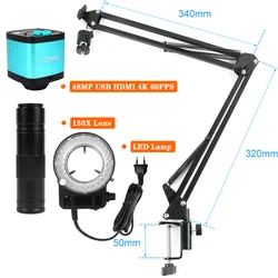 HDMI-デジタル産業用顕微鏡48mp,LEDランプ付き産業用顕微鏡,150倍倍率レンズ,広角ディスプレイ,調整可能な折りたたみブラケット