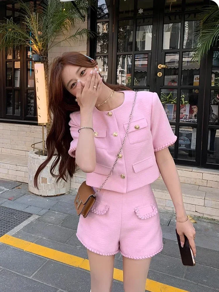 Korean Fashion Tweed Shorts Two Piece Set Short Sleeve Jacket and Shorts Elegant 2 Piece Sets Outfits