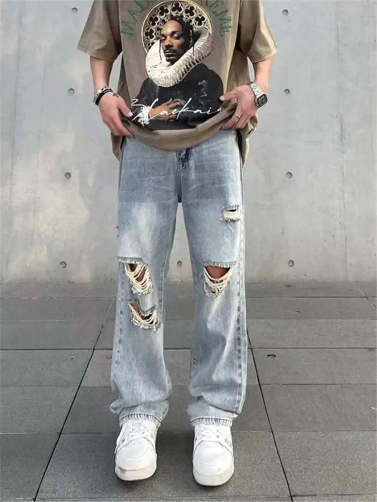 

Summer Mens Ripped Jeans Blue Loose Fit Hole Wide-leg Pants Casual Fashion Trousers Streetwear High quality Denim Man Clothing