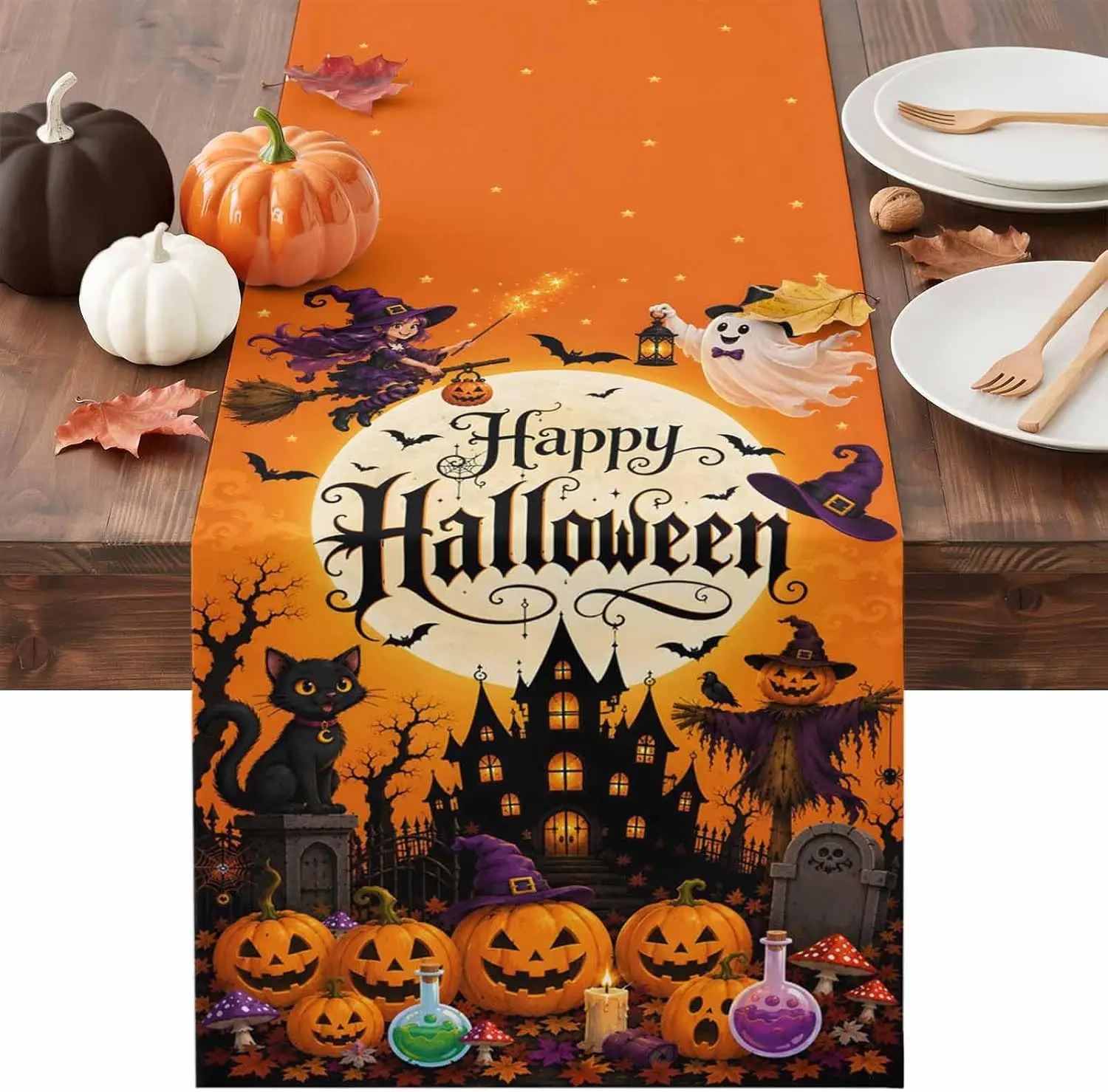 Halloween Haunted Castle Pumpkin Witch Ghost Linen Table Runner Home Decor Reusable Kitchen Dining Table Runners Halloween Decor