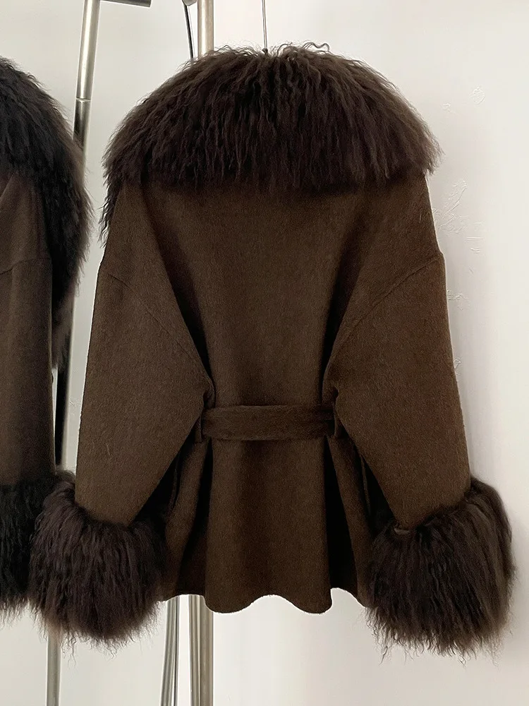 ZMEENNA Cappotto avvolgente in misto lana color crema elegante da donna con lussuoso collo e polsini in pelliccia sintetica bianca Chic caldo inverno ZM3407