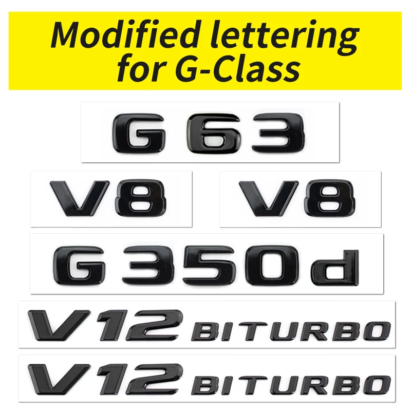 Emblema Adhesivo para Automóvil con Letras Modificadas para Clase G, G63, G65, G350, G400D, G550, V8Biturbo, V12Biturbo, Negro Brillante Plateado, Exterior