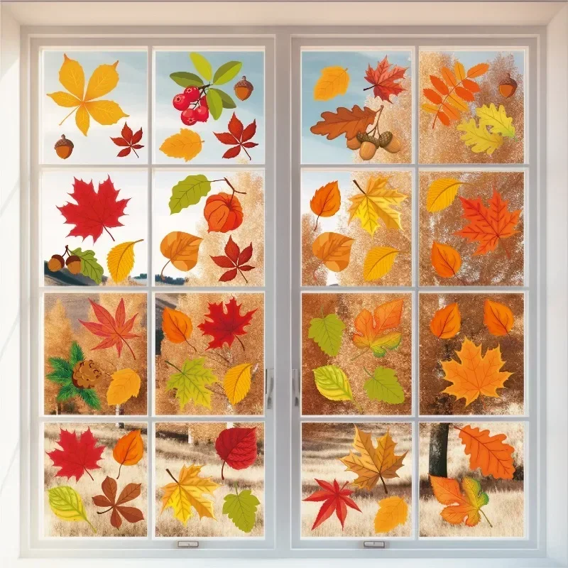 Thanksgiving Fall Leaves Window Clings Windows Doors Decorated With Maple Leaves Thanksgiving Glass Stickers Autumn Decoration