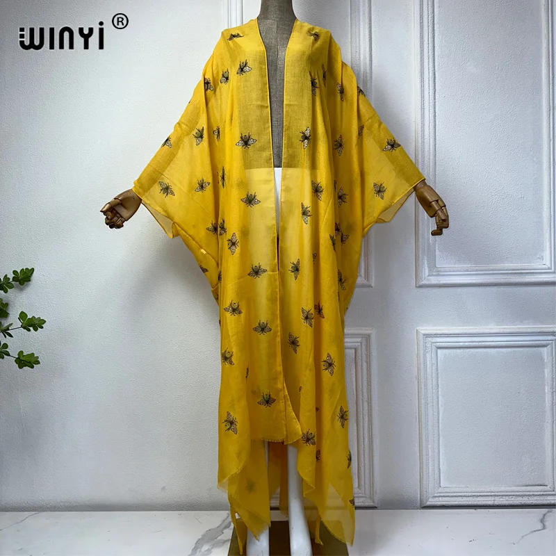 Summer 2024 WINYI new kimono boho dress beach wear cover-up elegant Cardigan beach outfits for women Hot stamping printing coat