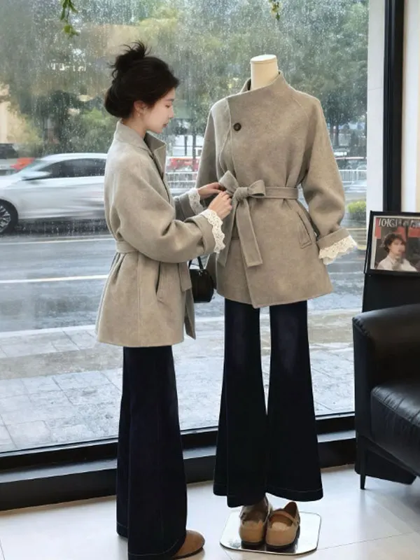 

Корейское модное шерстяное пальто с поясом, приталенный крой, маленький размер, зимняя верхняя одежда, длинное, элегантное