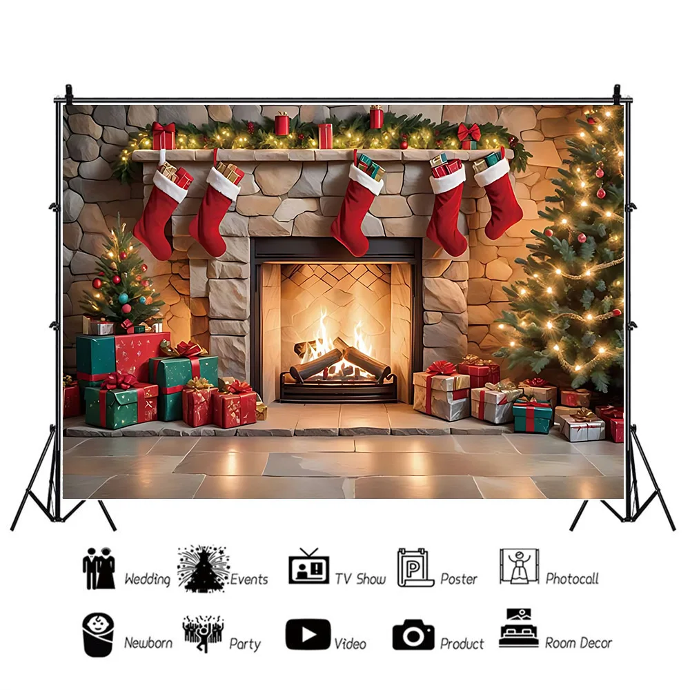 Xmas Tree Gifts Brick Fireplace Christmas Day Decoration Background Happy New Year Family Baby Photo Props Photo Booth Supplies - Image 3