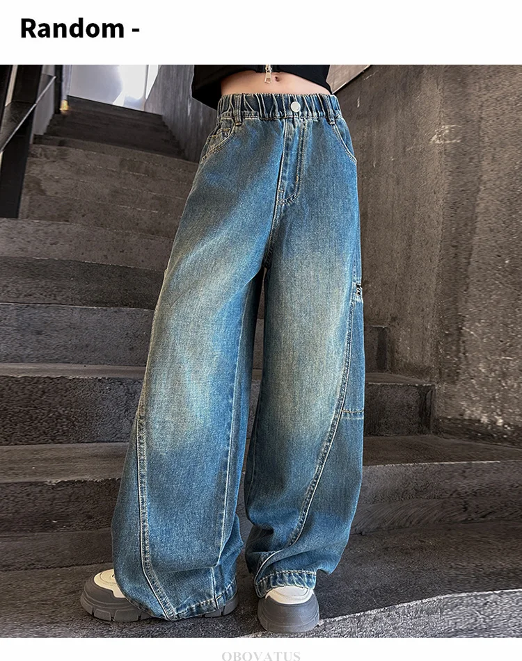 Hochwertige Kinder-Patchwork-Jeans mit Seitentaschen für Mädchen, Vintage Blaue Denim-Hose, Kinder-Cargo-Jeans mit Hoher Taille – Detail 4