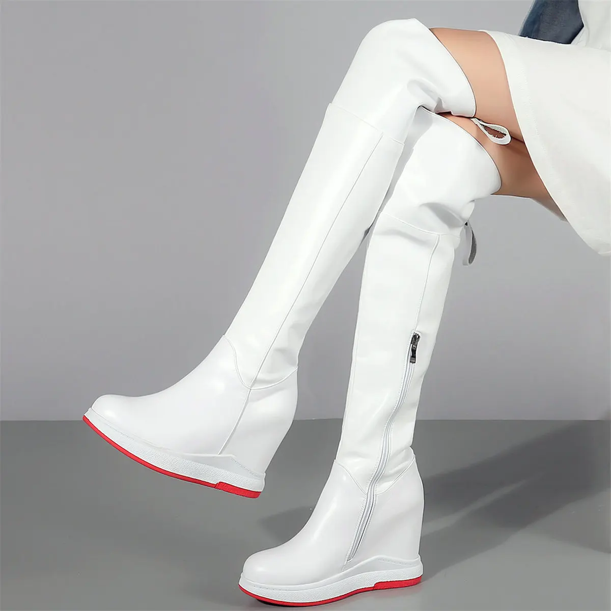 

Winter Pumps Plus Size Shoes Women Cow Leather Wedges Over The Knee Snow Boots Female Round Toe Fashion Sneakers Big Size Shoes