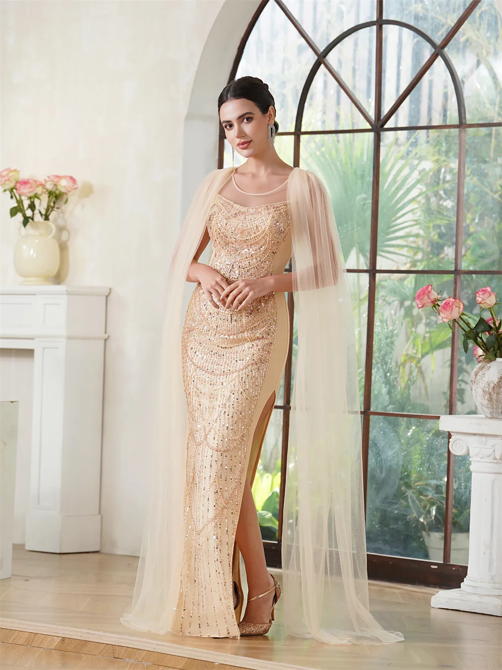 

Elegant Champagne Evening Dresses Gowns: Illusion Neckline with Beaded Bodice & Trumpet Skirt for Gala Party Wedding CPS3068