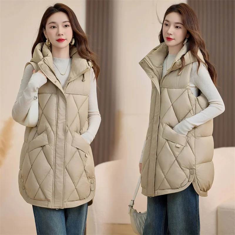 Frauen Mit Kapuze Weste Herbst Winter Mantel Neue Mode Gepolsterte Unten Baumwolle Weste Dicke Warme Ärmellose Jacke Weibliche Lose Outwear