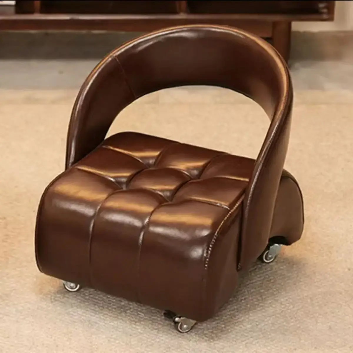 

！@!@Modern Square Design Wooden Low Stool for Living Room Universal Wheel Small Shoe Stool with Soft Bag Backrest Universal Chai