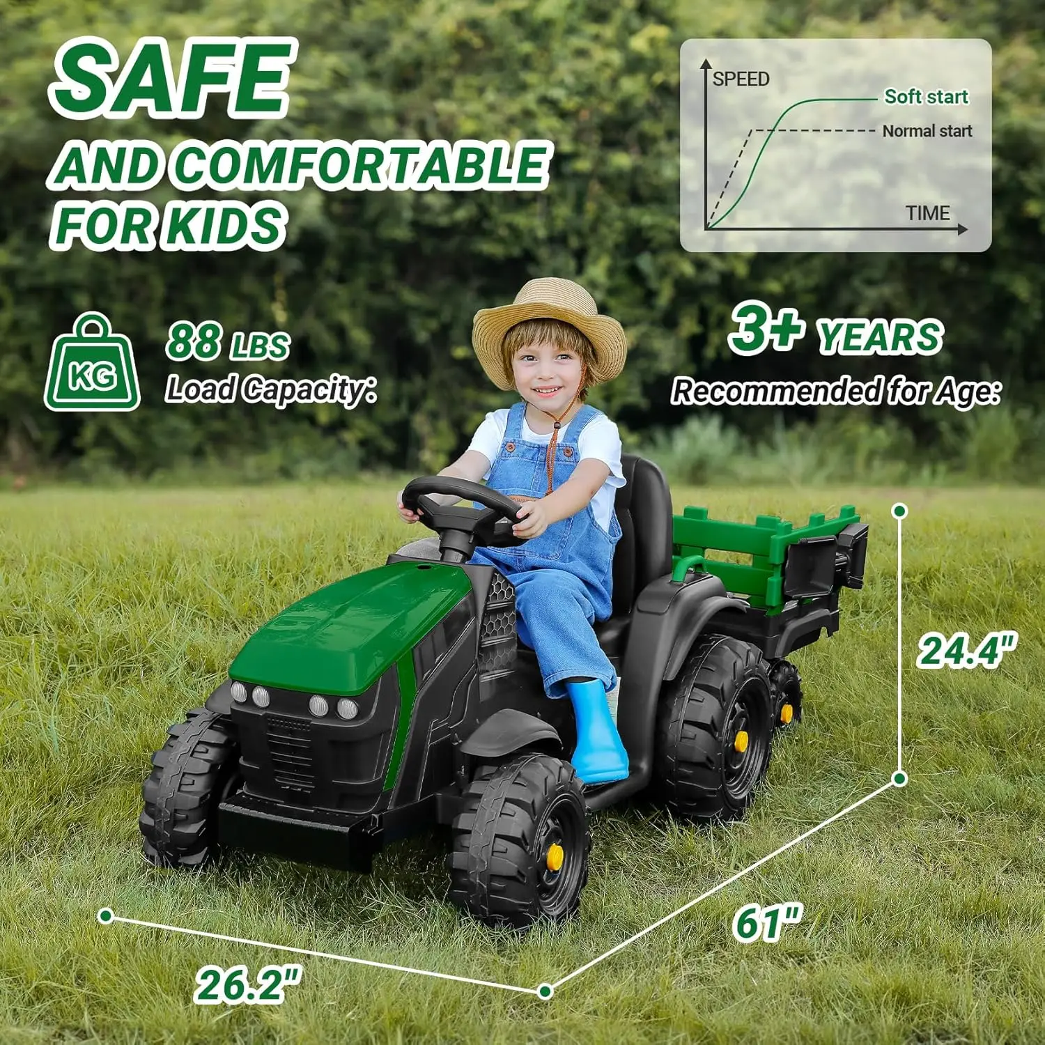 Tractor de paseo de 24V y 9AH con remolque fácil desmontable, juguete de Tractor eléctrico de motores de 400W para niños grandes, capacidad todo terreno, Saf
