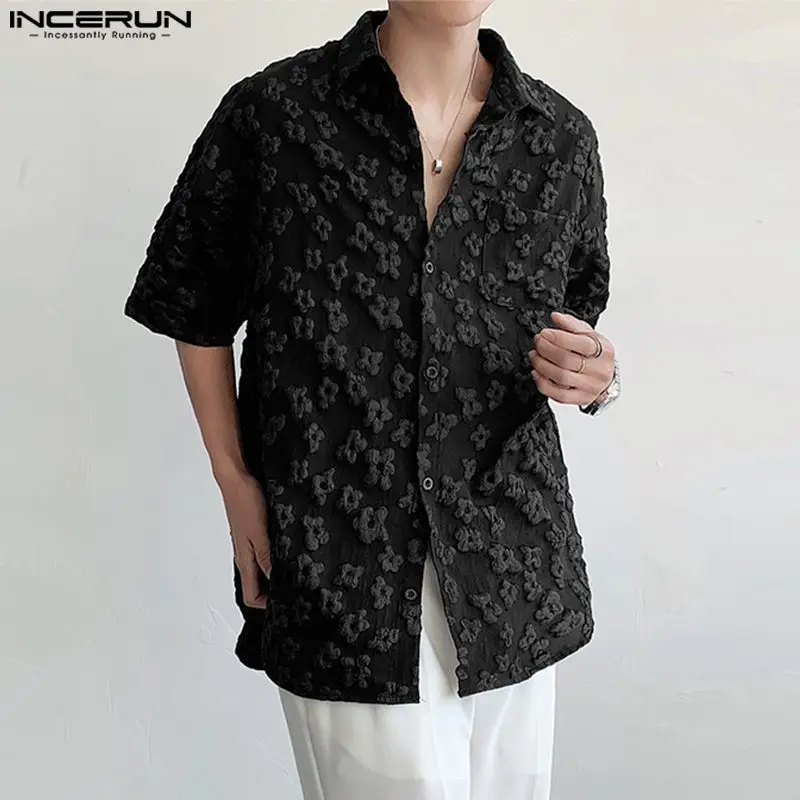 INCERUN Tops 2024 Mens Shirts Flower Jacquard Korean Style Lapel Short Sleeve Clothing Streetwear Loose Fashionable Blouse S-5XL