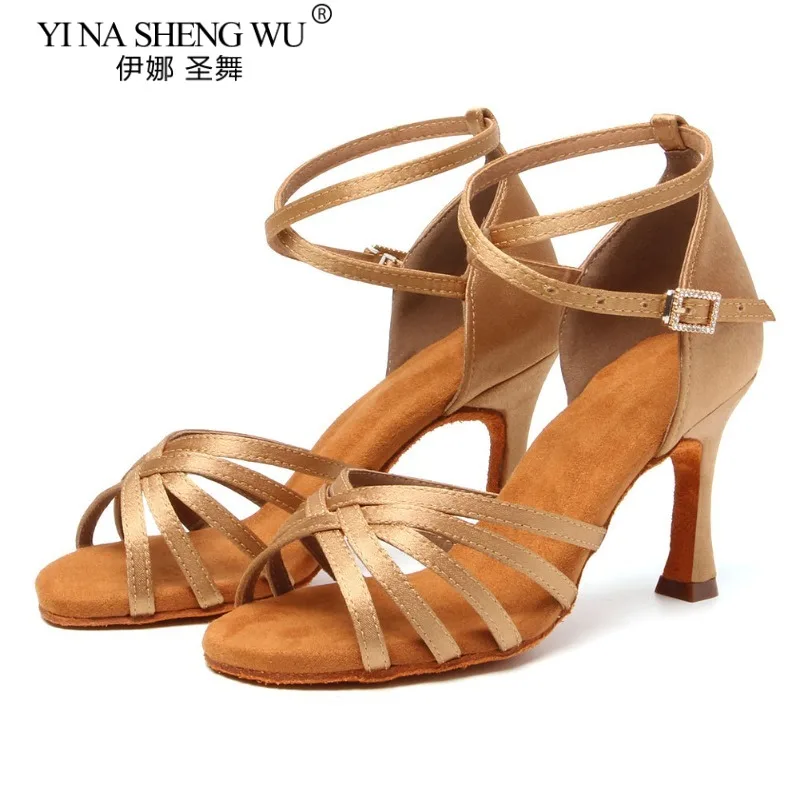 Women Latin Dance Shoes Soft Sole Ballroom Tango Indoor Dance Shoes Light Brown Cuban High Heel Party Dance Shoes Wholesale