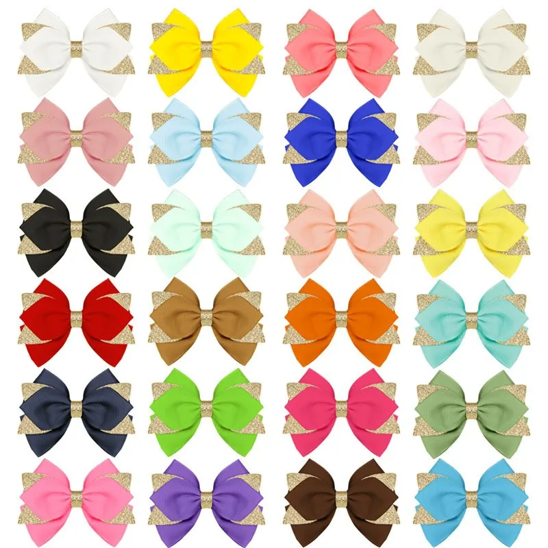 

60pcs/lot New 4" Solid Ribbon Hair Bow Hair Clips Baby Girls Glitter Bowknot Hairpins Barrettes for Kid Hair Accessory Headwear