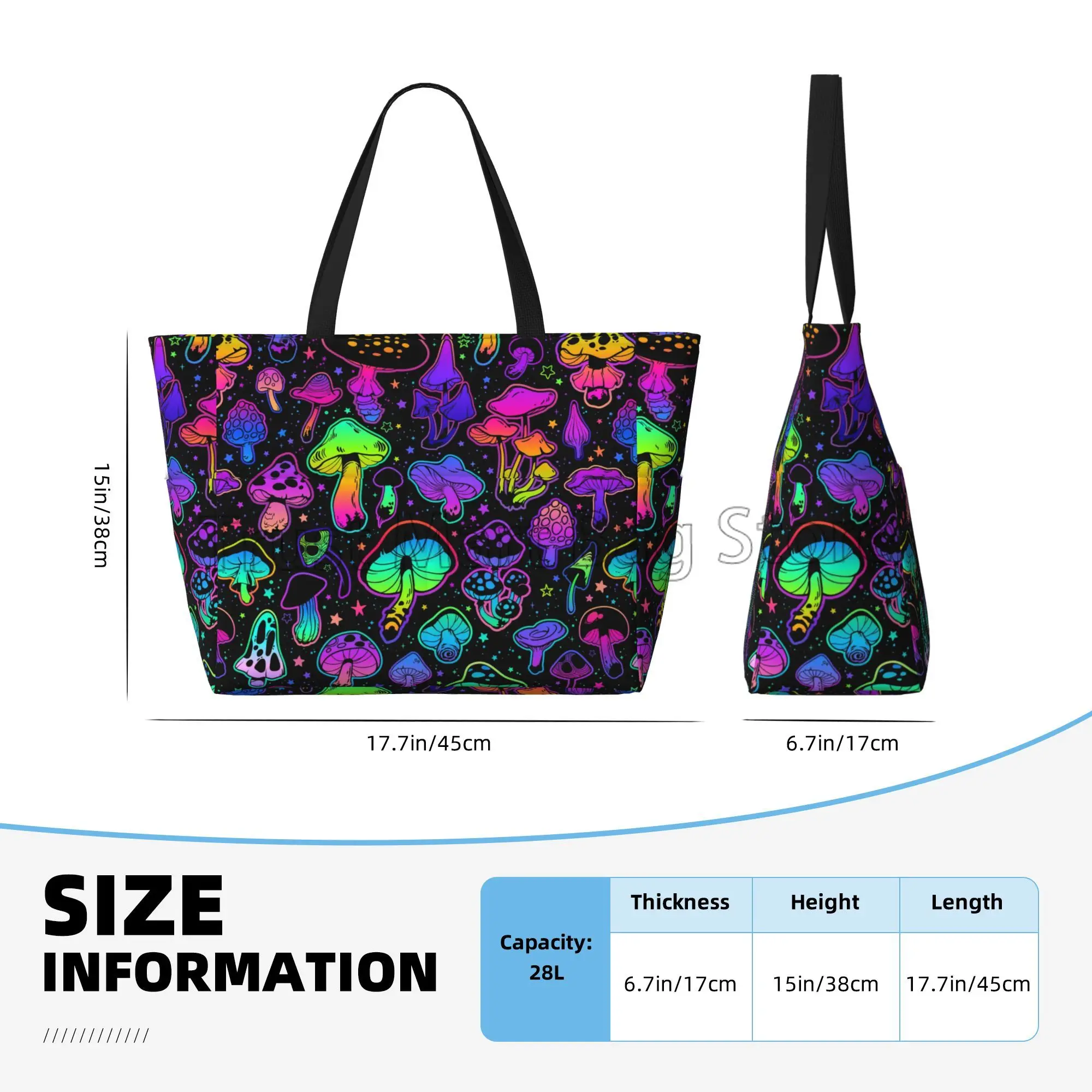 Magic Mushrooms Large Beach Tote Bag Women Waterproof Sandproof Zipper Beach Tote Bag for Pool Gym Swim Travel Vacation