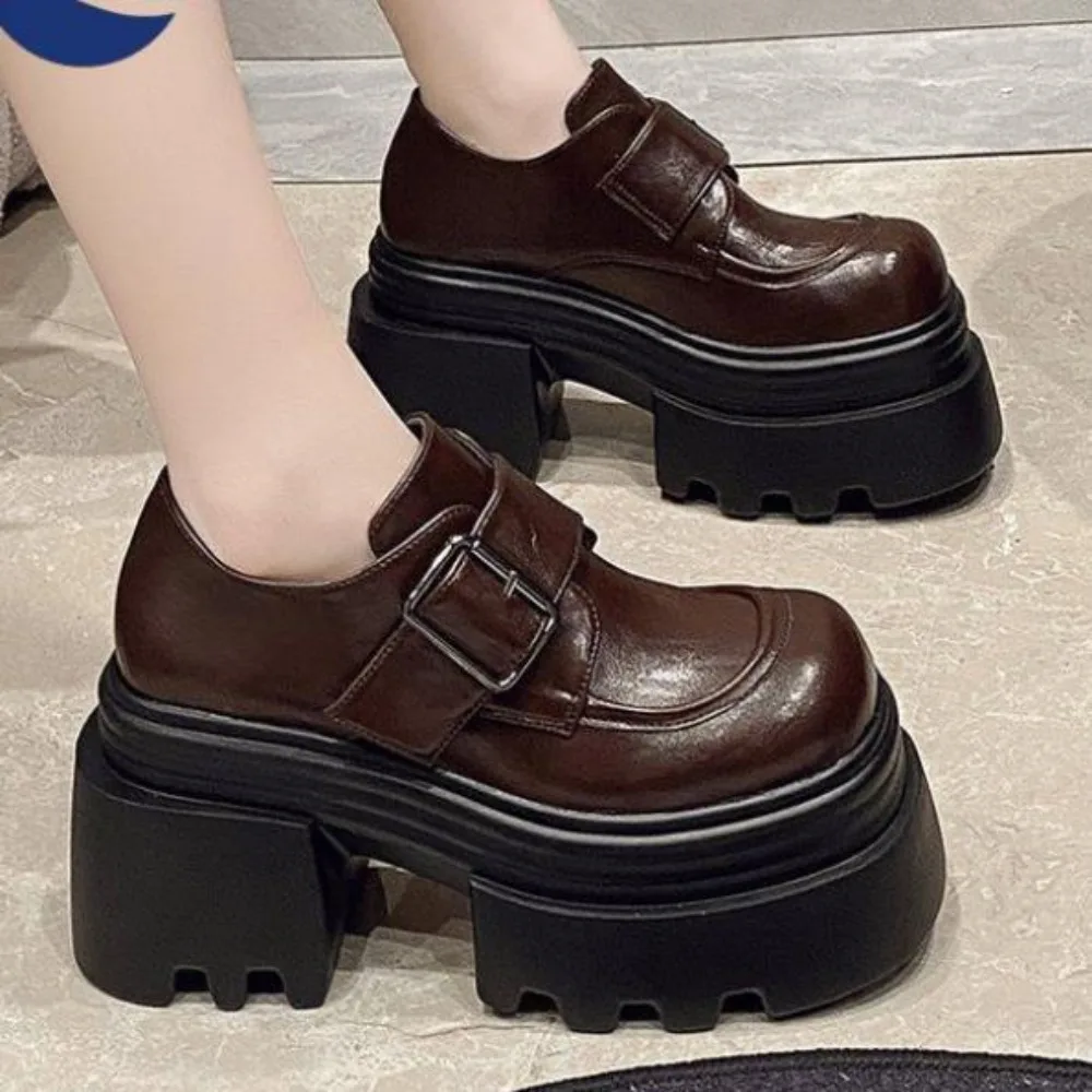 

7cm height increasing small leather shoes women's high heels new thick sole JK British style loafers Mary Jane shoes of Womem