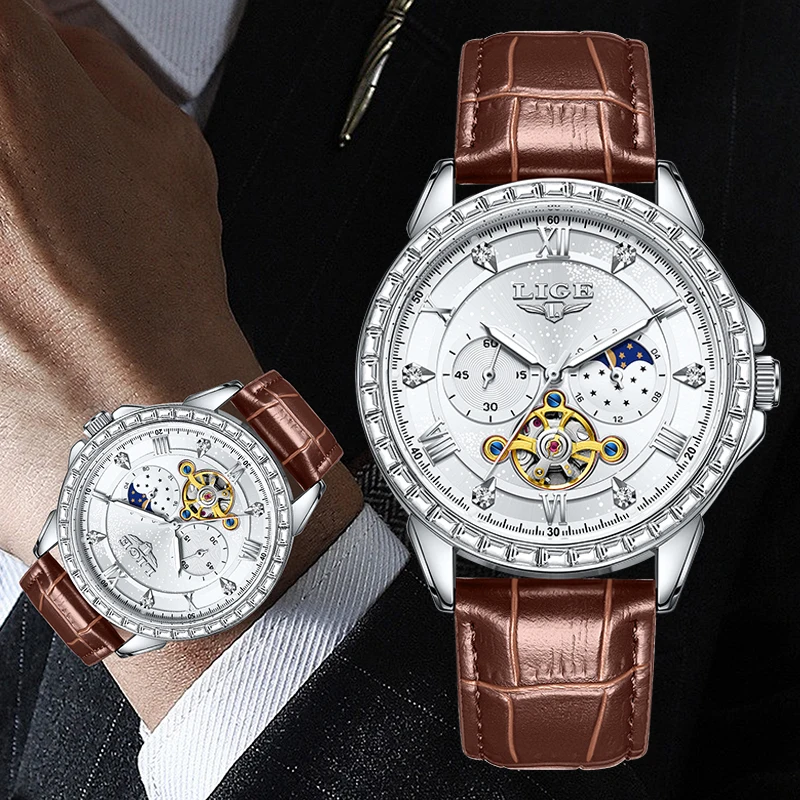 

LIGE лучший бренд класса люкс мужские водонепроницаемые механические часы кожаные светящиеся модные спортивные часы с фазой луны мужские наручные часы