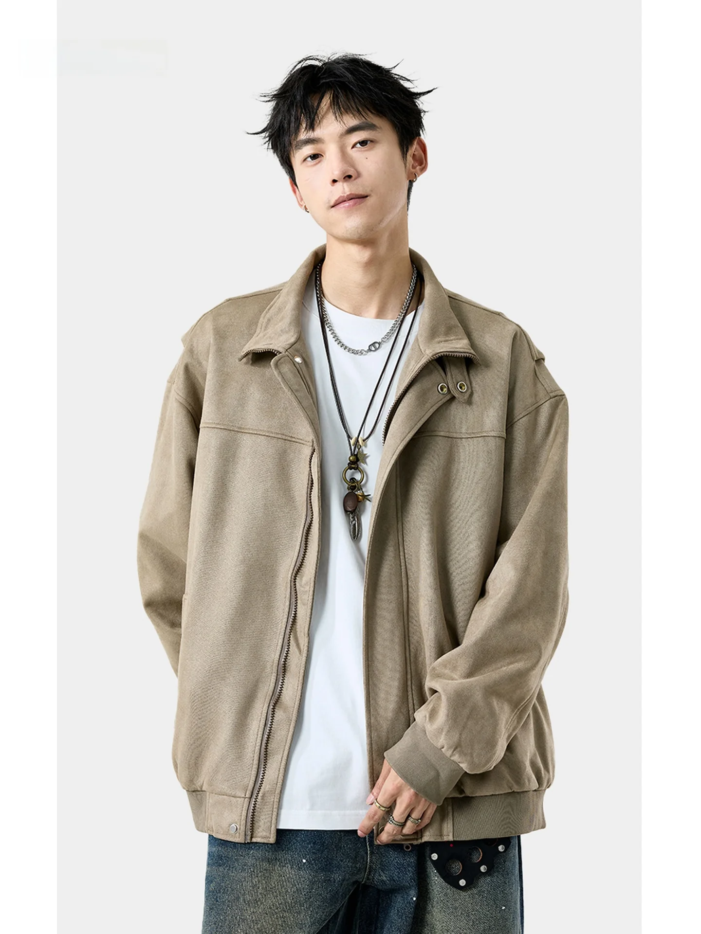 

American Sle Suede Jaet Men's Spring Autumn Flight Jaet Stand Collar Autumn Winter Men's Outerwear Casual Loose Fit