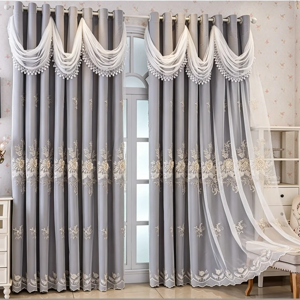 European Double layer Curtain Luxury Embossed Blackout Fabric & Tulle Curtain Princess Style Living Room Bedroom Window Drapes
