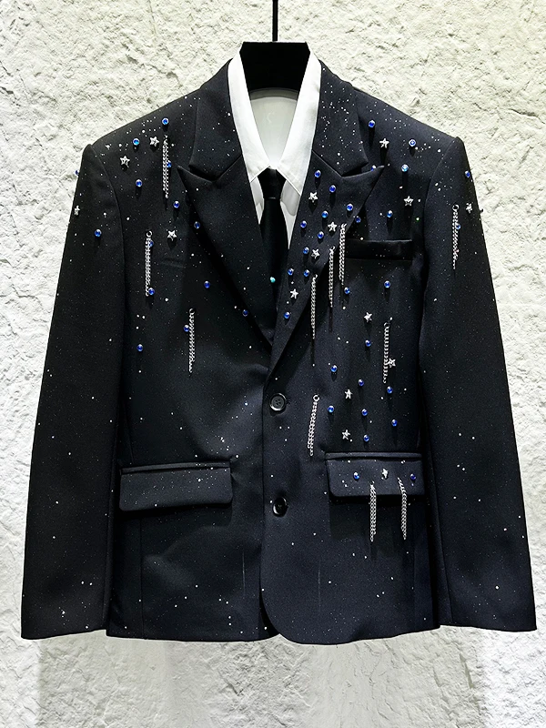 

Мужской костюм с сапфировыми заклепками, дизайнерский, для интенсивного использования, черный, высококачественный, модный, трендовый, повседневный, в западном стиле, городской, весенний, C...
