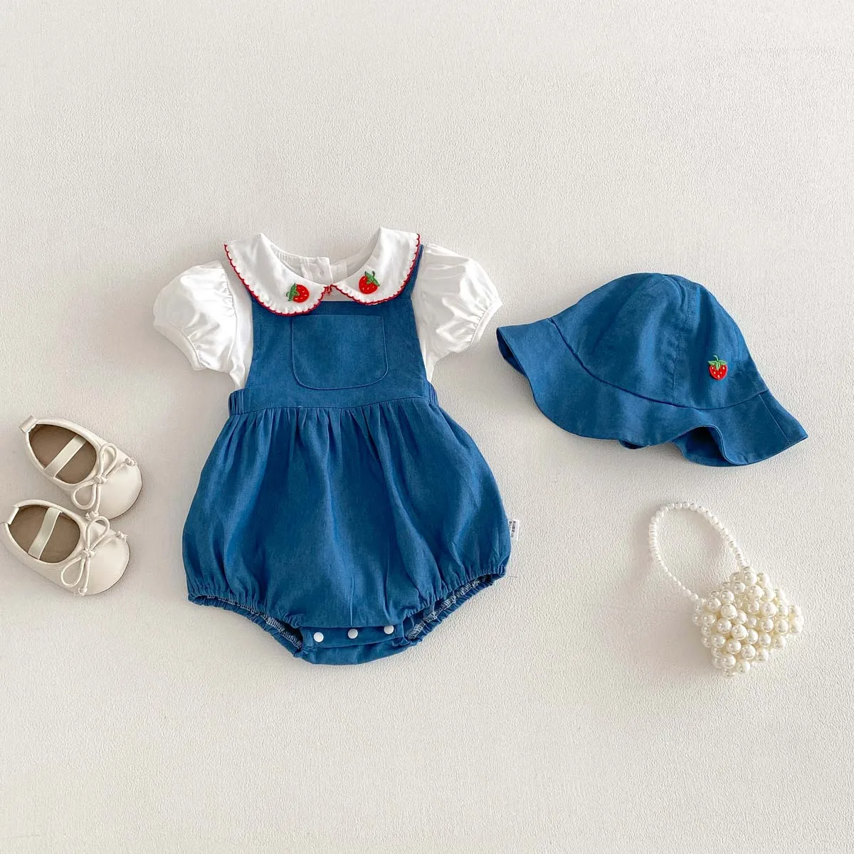 Summer Baby Girl Cute Strawberry Lasel Short Sleeve Top Belt Pants and Hat Set, Baby Girl Outdoor Cute Short Sleeve Set