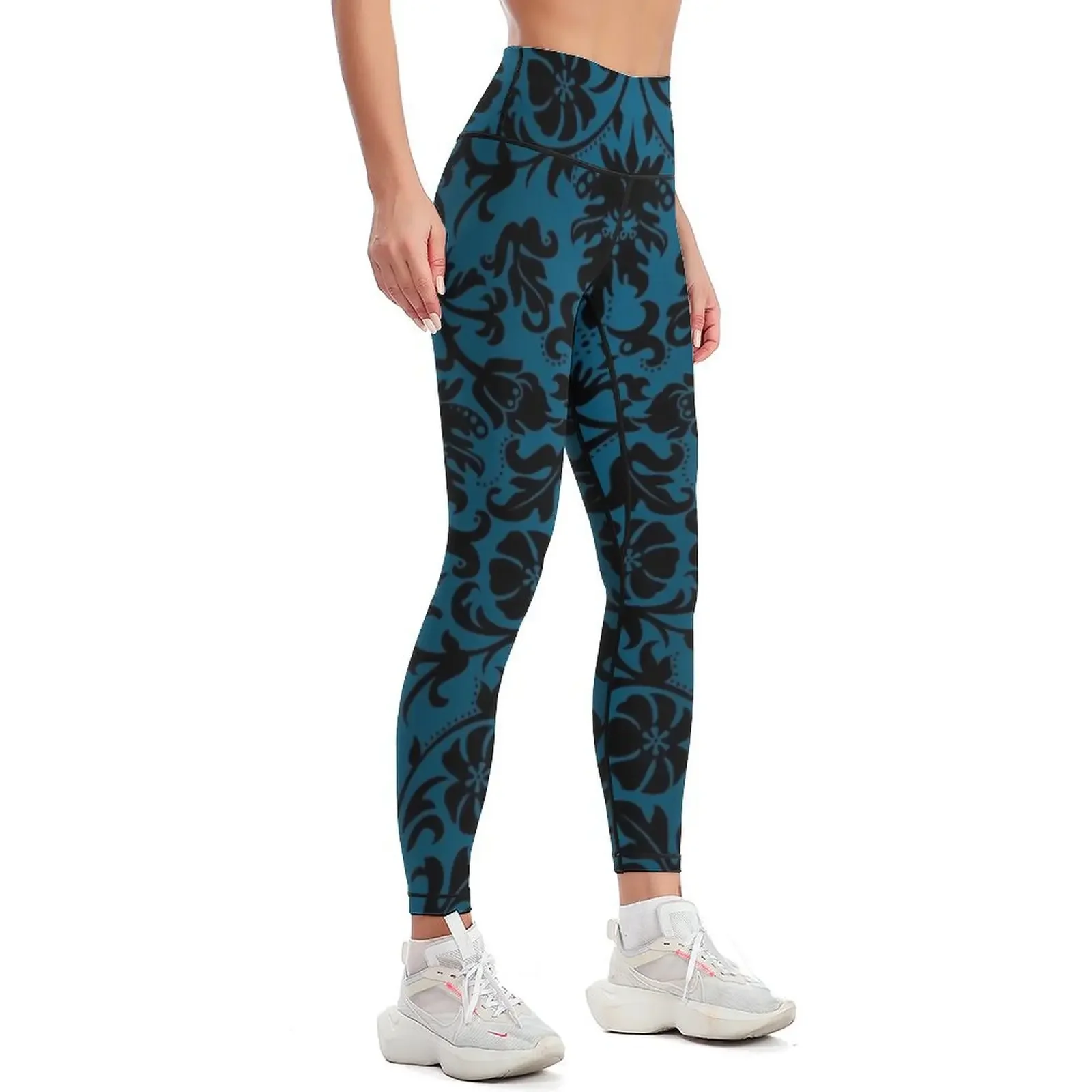 Teal and Black Floral Damask Leggings gym clothing workout shorts Womens Leggings