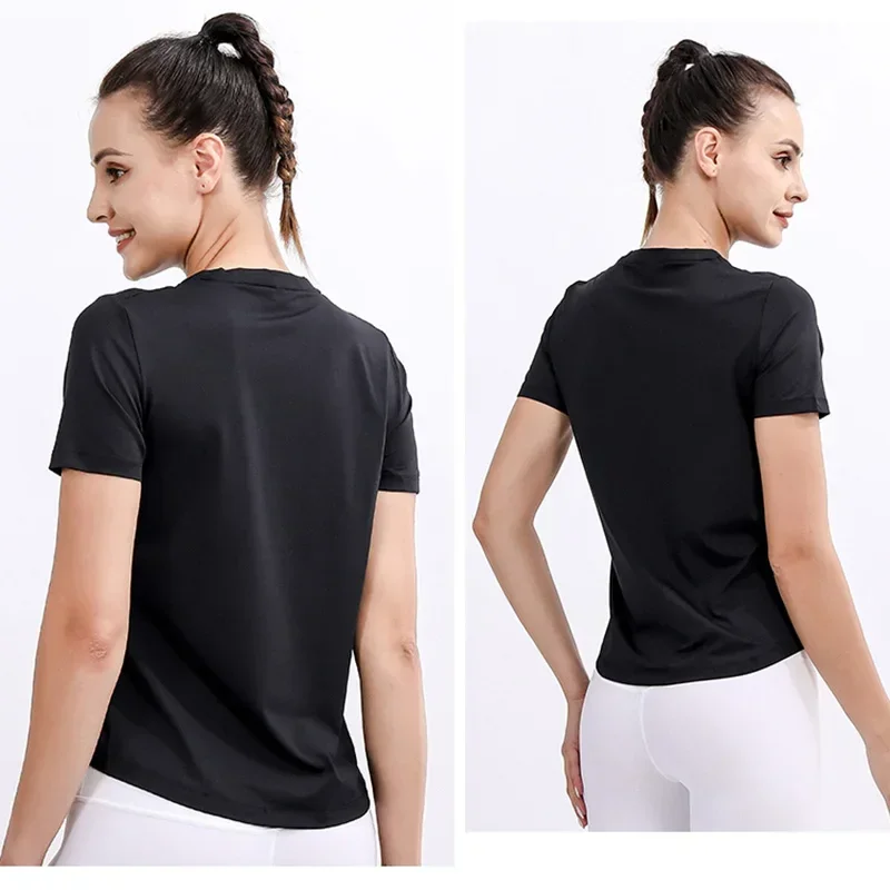 

Лето-весна Спортивная футболка для бега Женская футболка с коротким рукавом и круглым вырезом Быстросохнущая дышащая эластичная футболка для тренажерного зала Йога Фитнес Активный топ
