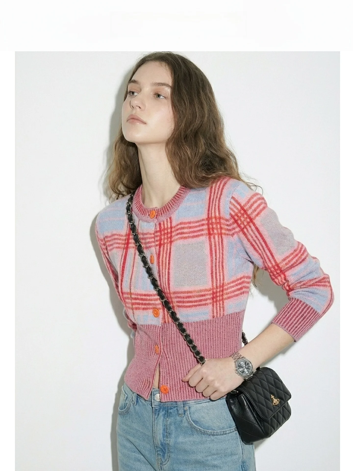 

Retro Woolen Knit Sweater Women's round Neck Cardigan Casual Style Color Block Plaid High-End Feeling Spring Autumn College S...