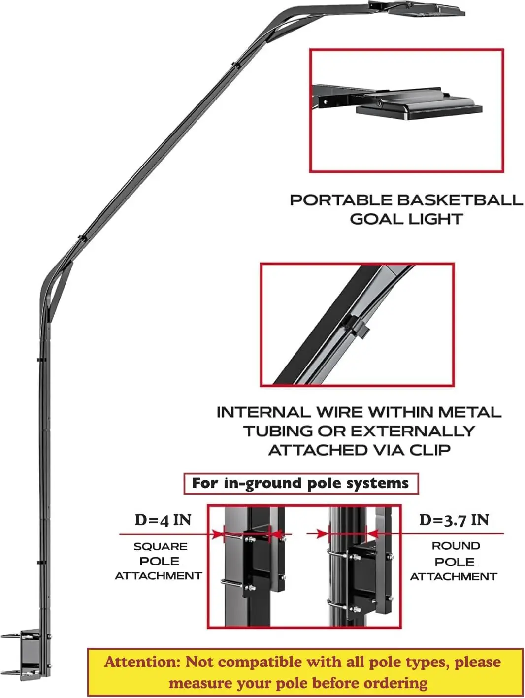LED Basketball Hoop Lights for Metal Stands, 103.9x15x27.5 in, Fits Square Poles up to 4" and Round up to 3.7", In-Ground Hoop, Easy Install - view 3