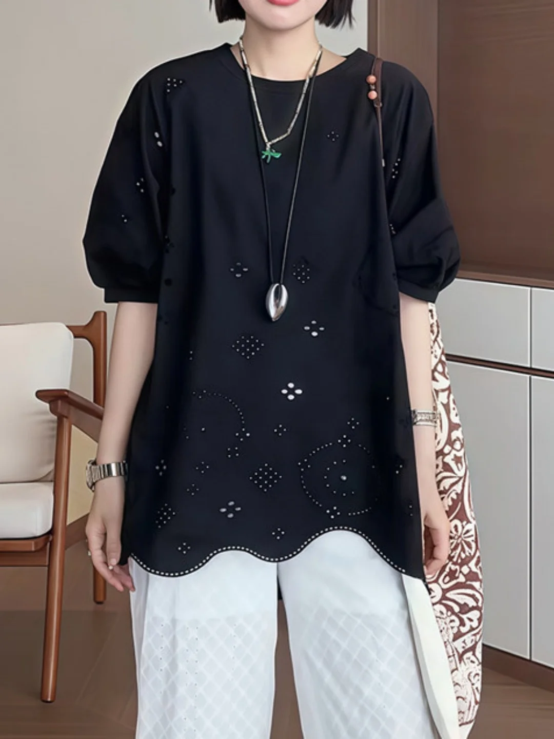 Retro Irregular Hollow out Pure Cotton Women's Shirt Summer Loose Meat Concealing Slimming Top Korean Style round Neck Short ...