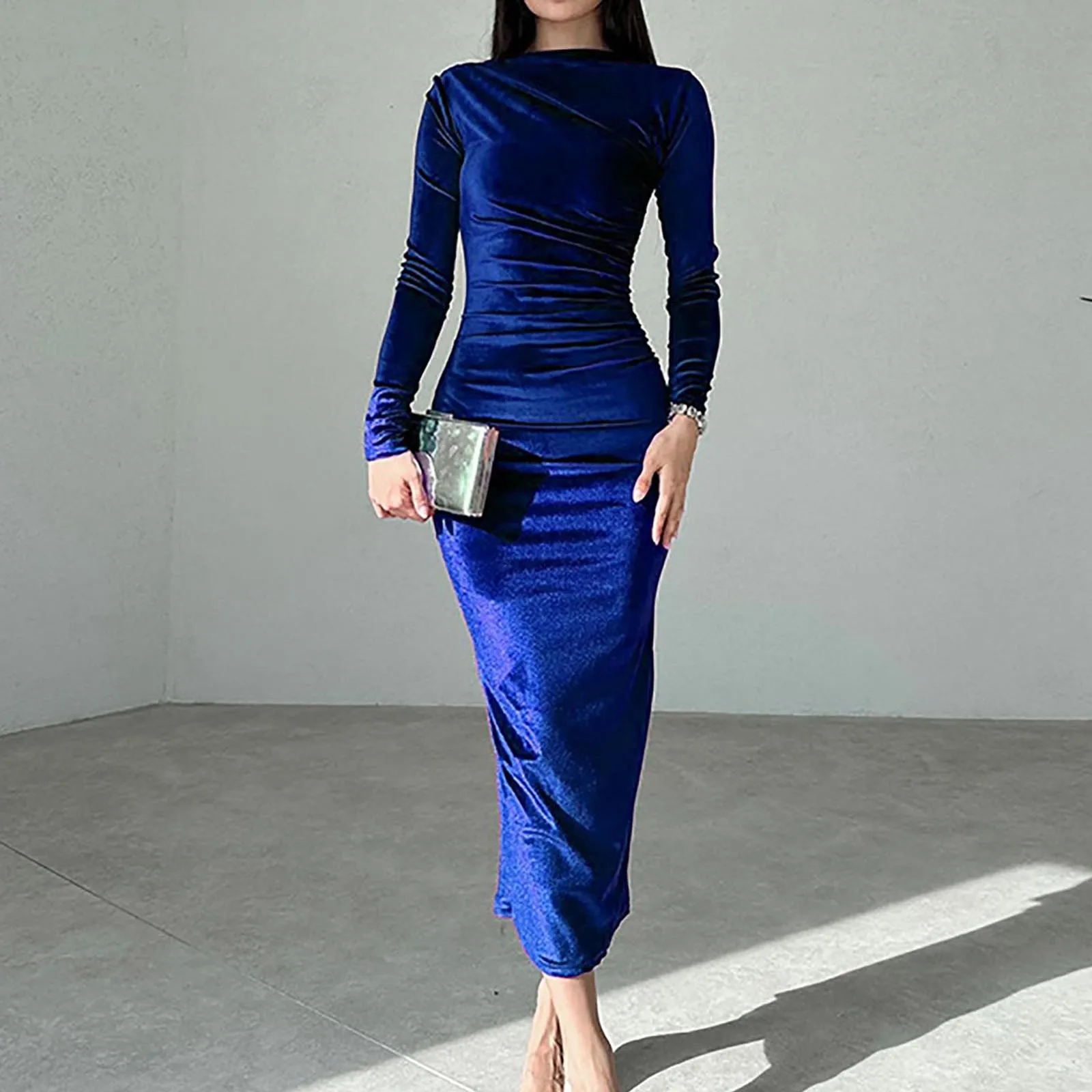 New Women's Evening Dress Velvet Solid Color Bodycon Midi Dress Long Sleeve Ruched Slim Fit Elegant Cocktail Party Dresses