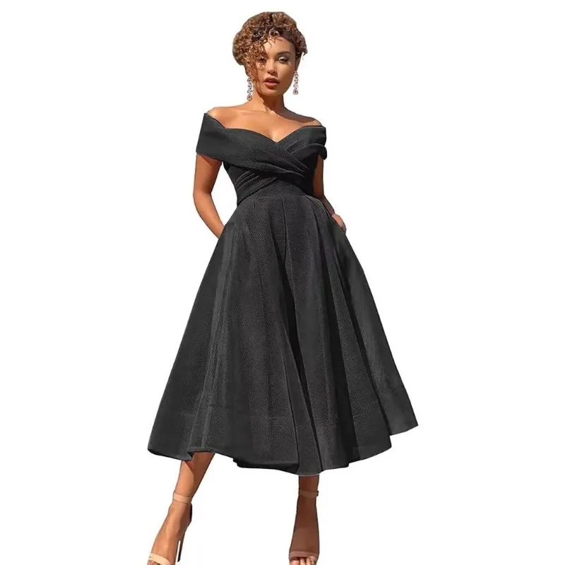 

Off Shoulder Tulle Cocktail Party Prom Dresses for Women Formal Evening Gowns Homecoming Dresses Mid Calf Length A Line Lace Up