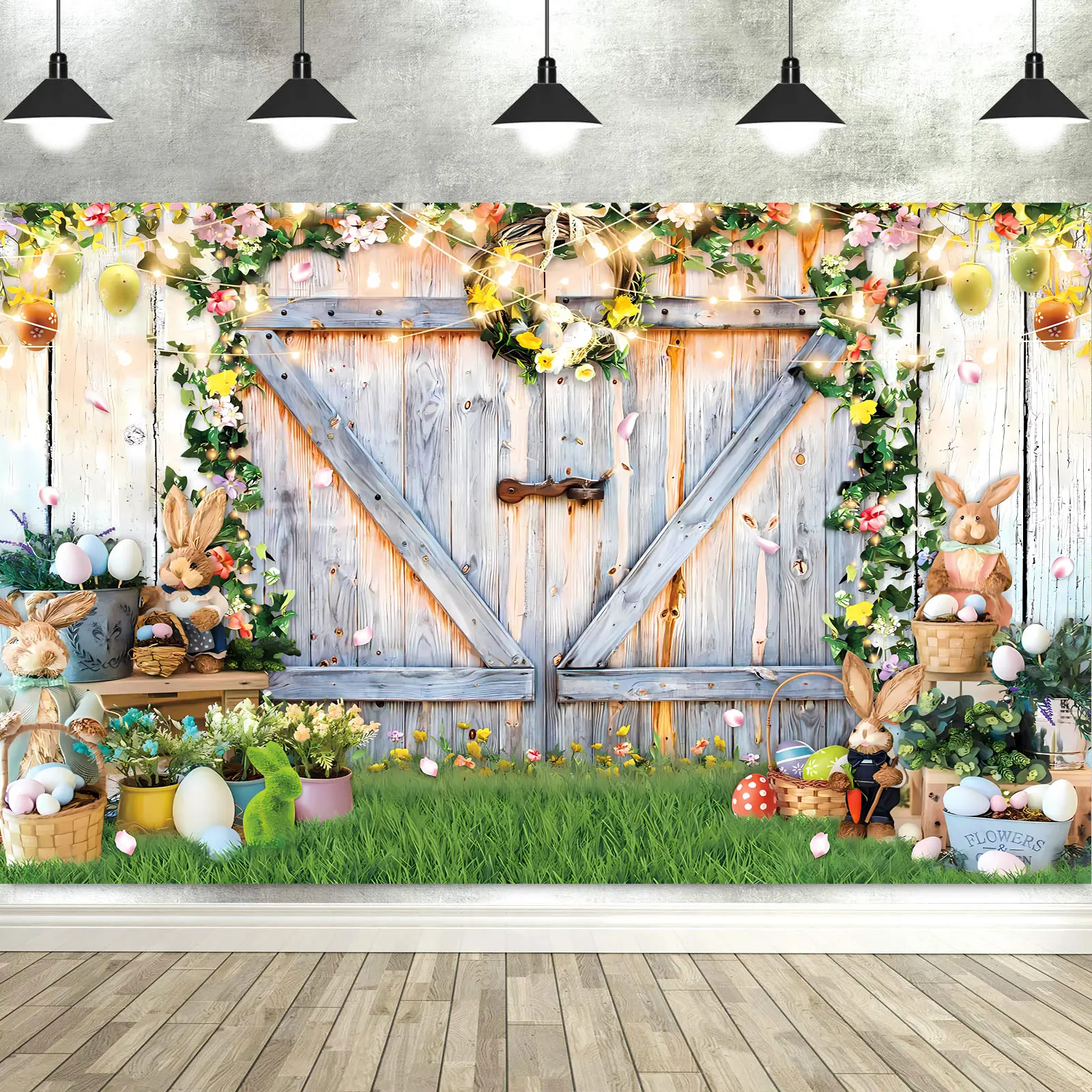 

Spring Easter Photography Backdrop Garden Bunny Colorful Eggs Floral Grass Flower Stand Background Rabbit Flag Photo Tapestry