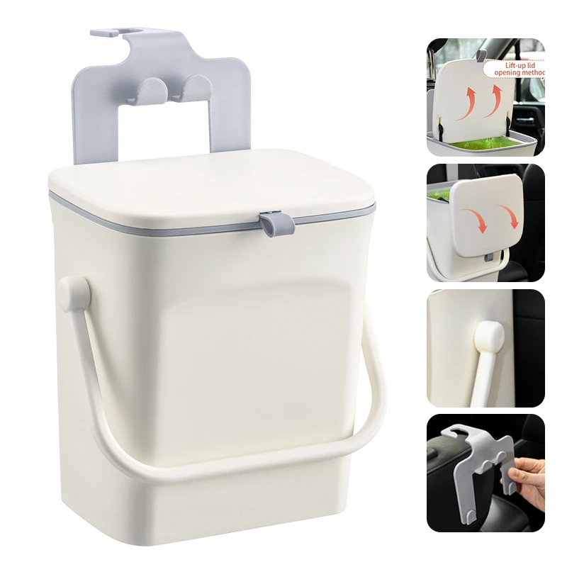 多用途車用ゴミ箱-電話ホルダー付き-防水プラスチック-車後部座席吊り下げスタイル-オーガナイザーバケツ-防臭蓋付き