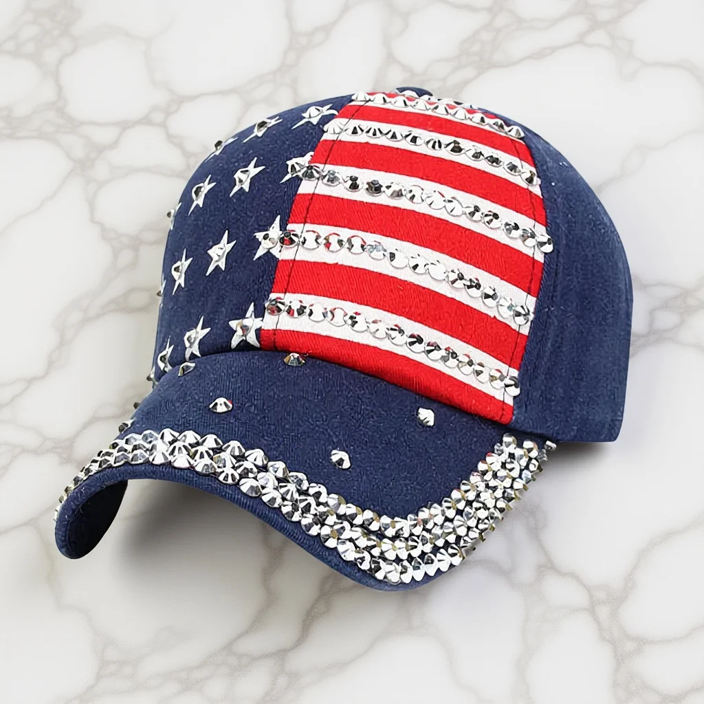 

Bling American Flag Baseball Cap Rhinestone Denim Hat For Women 4Th Of July Patriotic Outdoor Wear Sparkle Team Sports