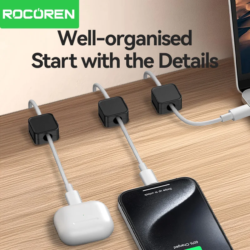 Rocoren Magnetic Cable Organizer Holder Cable Smooth Adjustable Cord Holder Under Desk Cable Management Wire Keeper Cable Clips