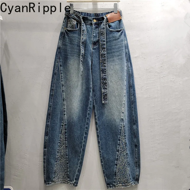 Fashionable New Autumn Large Size Women Denim Curved-blade Pants All-match High Waist Leopard Splicing Wide Leg Straight Jeans