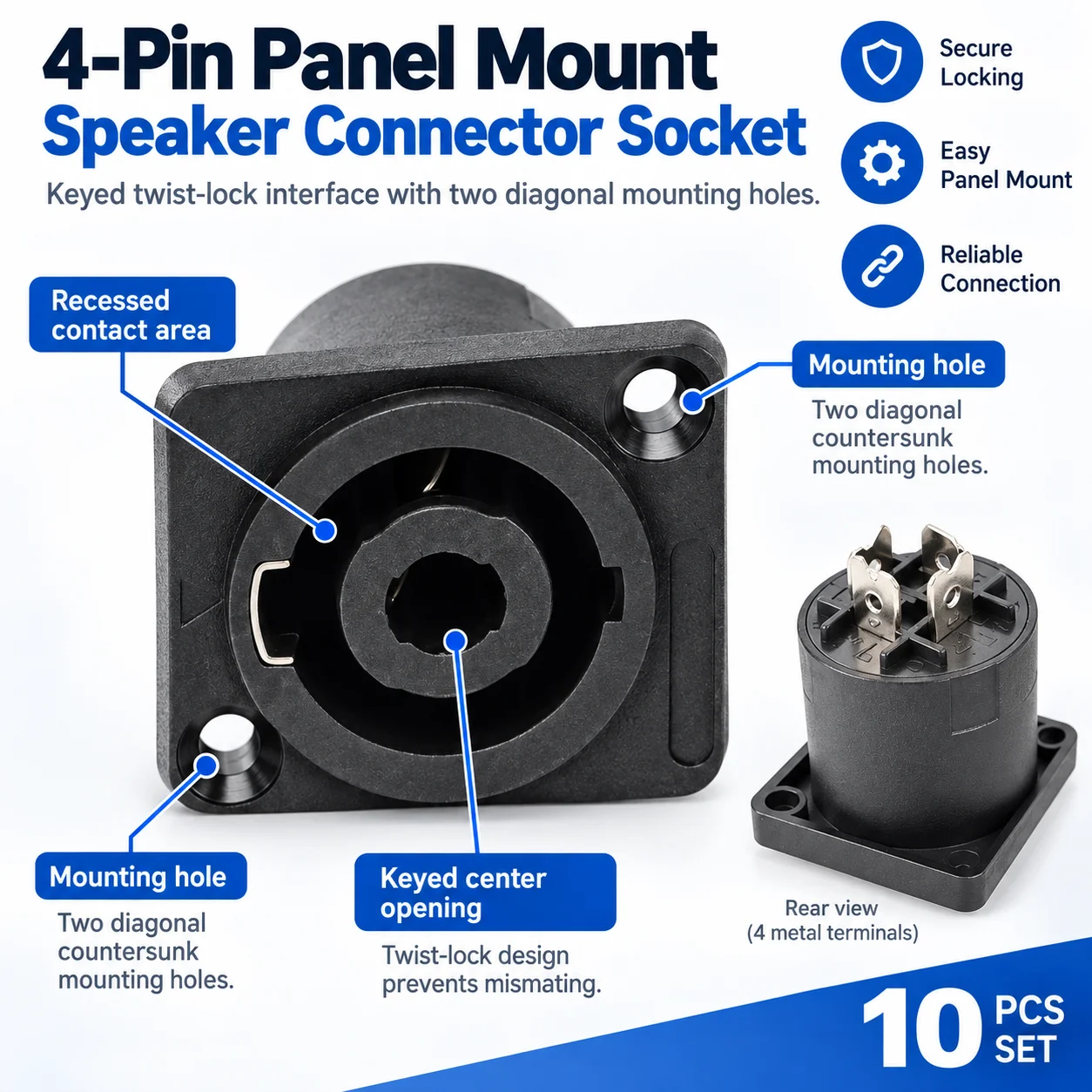 10PCS 4 Pin Female Speaker Jack Socket Connector Panel Mount Square Flange Twist Lock for PA Audio Loudspeaker Amplifier Cabinet