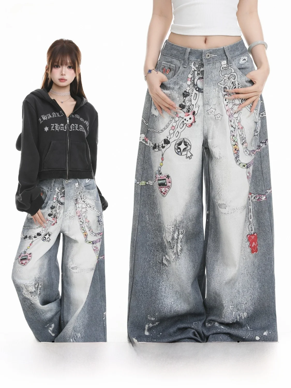 BASTERDS American High Street Y2K Cartoon Chain Print Wide Leg Jeans Women Loose Slimming Long Pants Autumn Cotton Denim