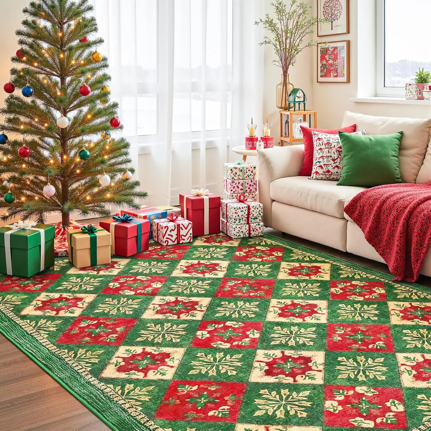 VIKAMA Weihnachtsteppich, warm, isoliert, schmutzabweisend, weich, rutschfest, für Wohnzimmer, Schlafzimmer, Nachttisch, festliche Heimdekoration