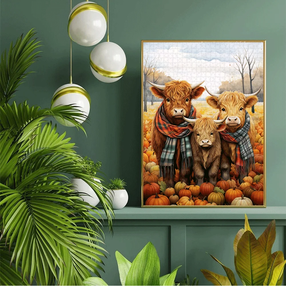 [Puzzle parabolico] Puzzle impegnativo da 1000 pezzi per adulti - Bovini delle Highland con sciarpe scozzesi e zucche autunnali