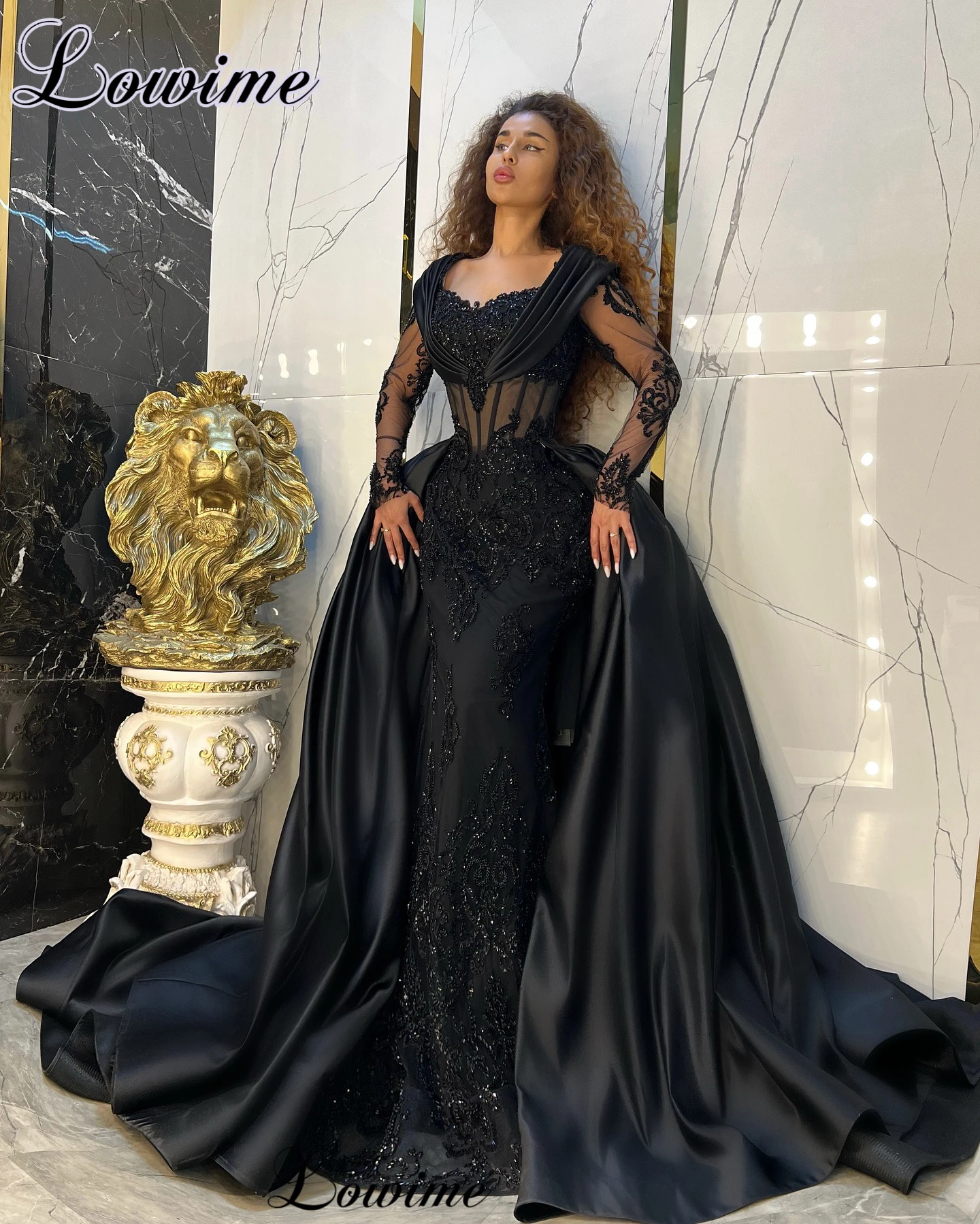 Two Pieces Black Evening Dresses With Detachable Train Formal Occasion Dresses With Long Sleeves Robes De Soirée Customized