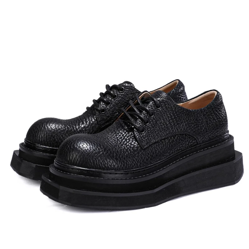 British Bison Leather Derby Shoes for Men's Dress Shoes Wide Version Design Wild Cowhide Casual Thick Platform Heightening Shoes