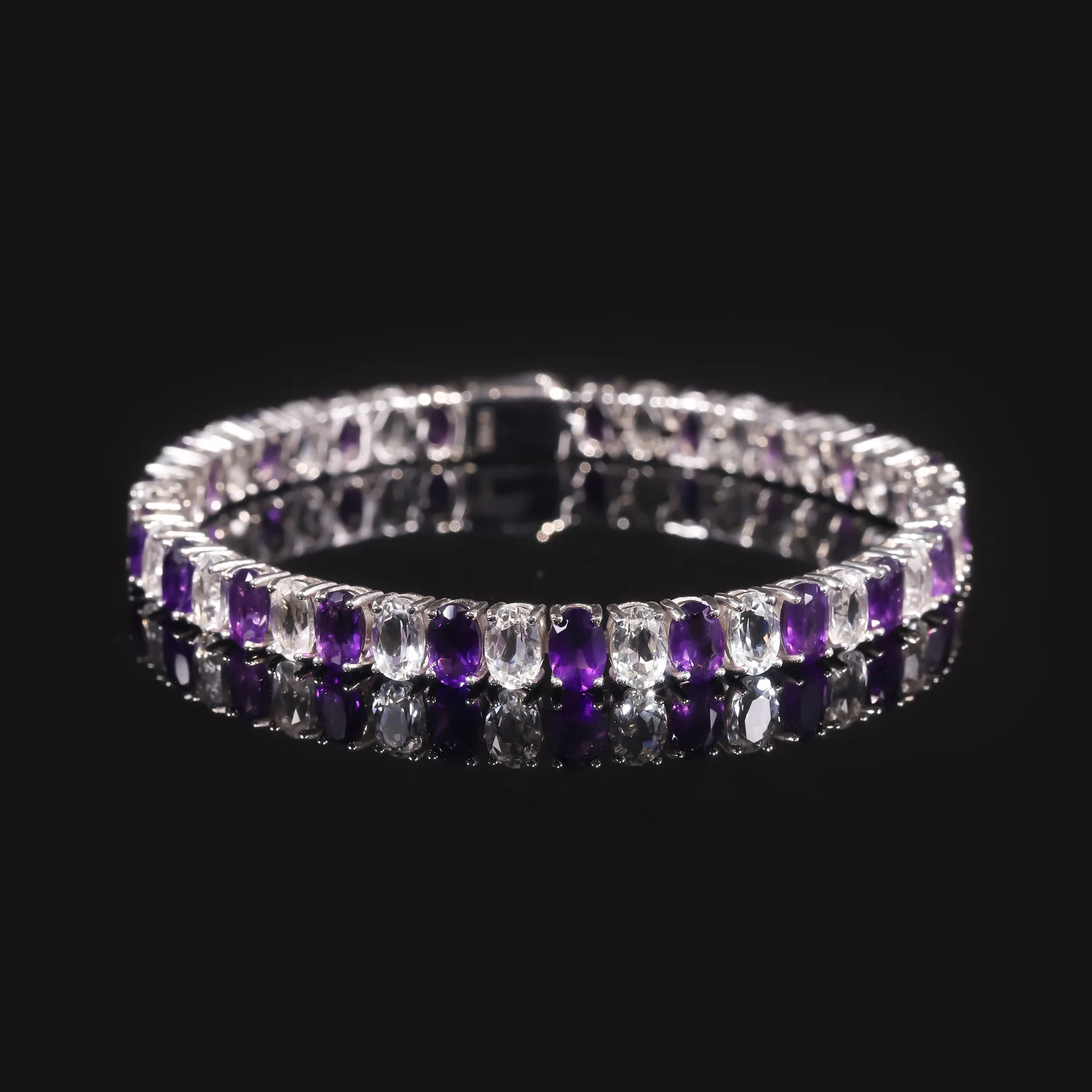 S925 Silver Natural Amethyst Two-Tone Tennis Bracelet, Oval Cut Gemstone Chain, Unique Jewelry
