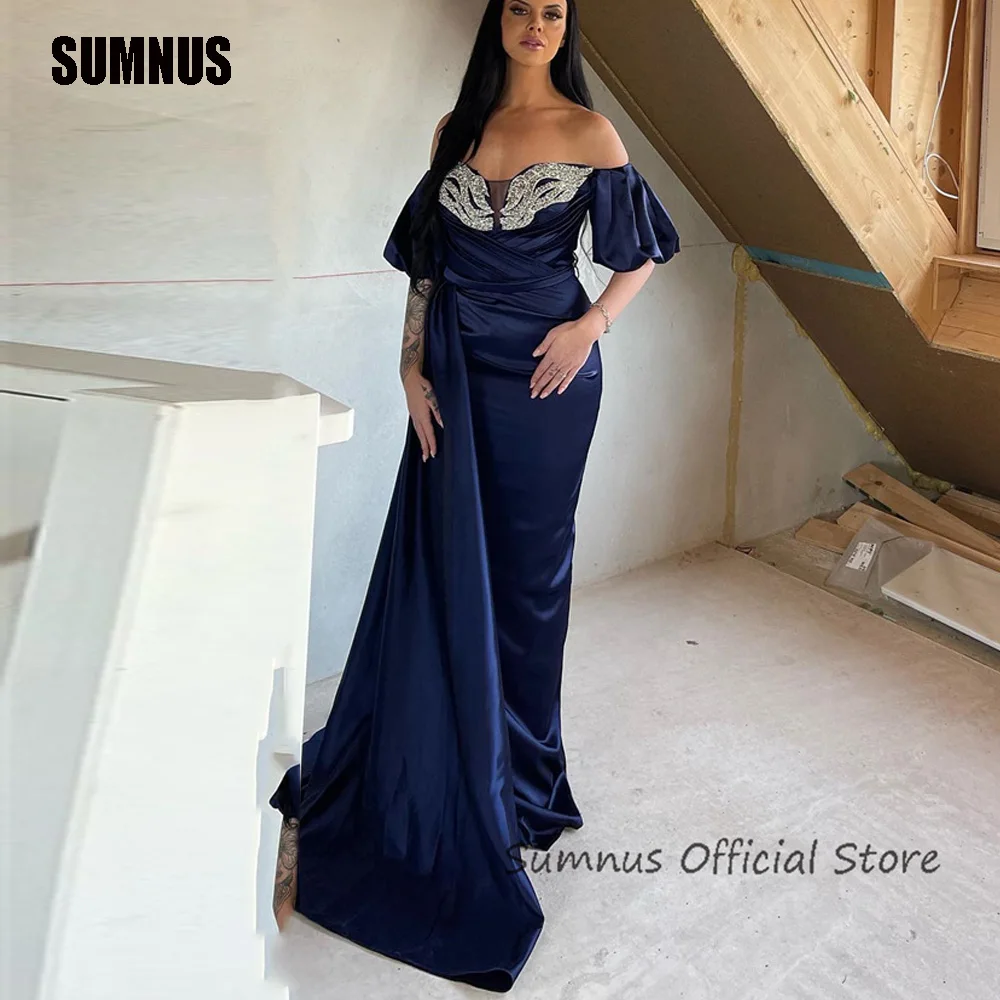 

SUMNUS Dark Blue Off Shoulder Mermaid Evening Dresses Shiny Beading Party Dress Short Sleeves Draped Train Bespoke Prom Gowns