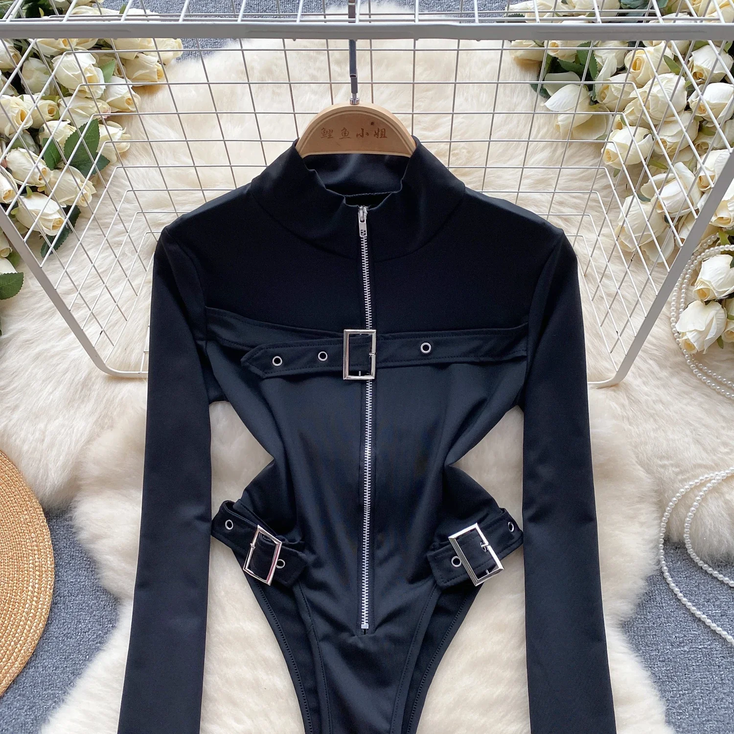 Sexy Vintage Bodysuit Half High Collar Zippers Long Sleeve Fashion One Piece Basic Hotsweet Women Gothic Slim Jumpsuit Ins