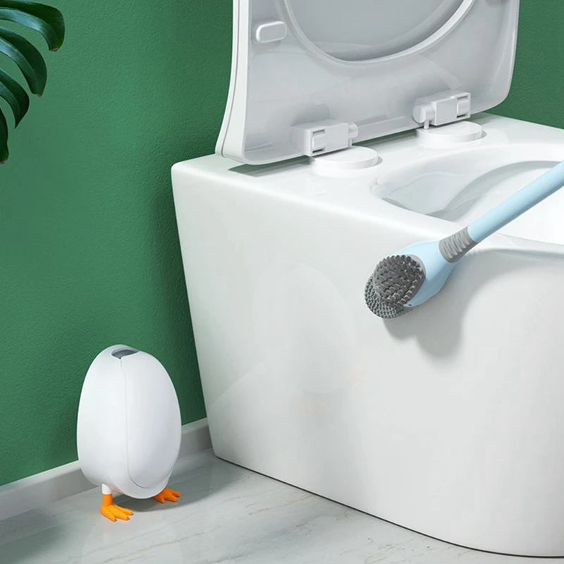 Cute Diving Duck Shape Toilet Brush with Base Holder Wall-mounted Floor-Standing Silicone Toilet Brush Bathroom Cleaning Brush