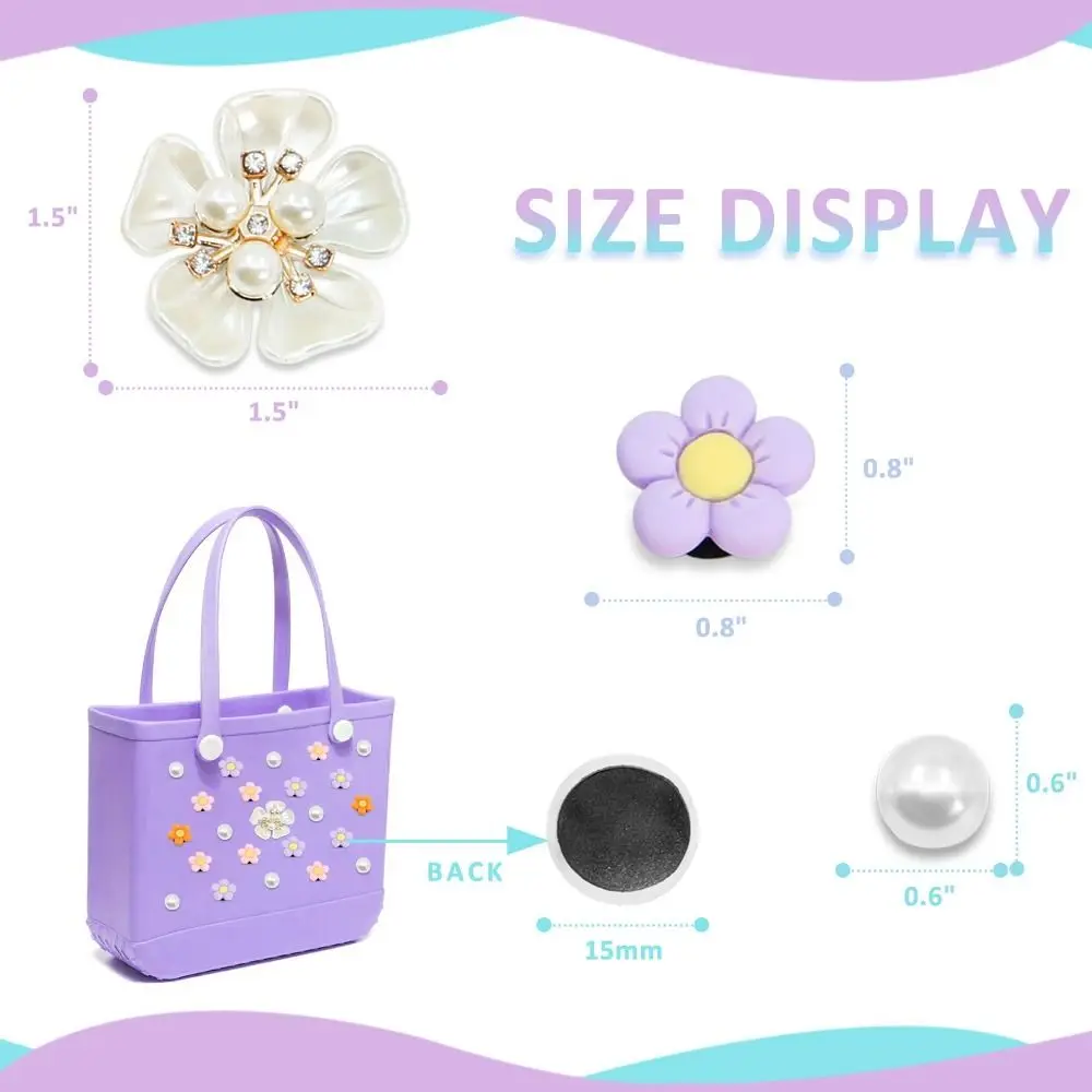 24Pcs Colorful Flowers Pearls Charms for Bogg Bags Rubber Beach Totes Handbag Decoration Bag Insert Charms Accessories for Women