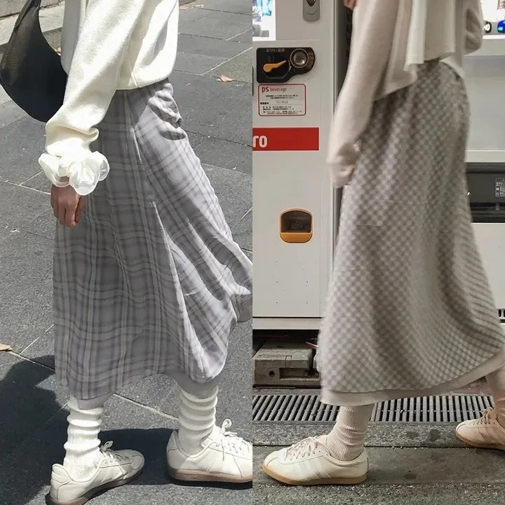 

High Waist Plaid Elastic Waist Long Skirt Autumn Collection Ele A-Line Midi Skirt for Women in Their 20s Polyester Fiber